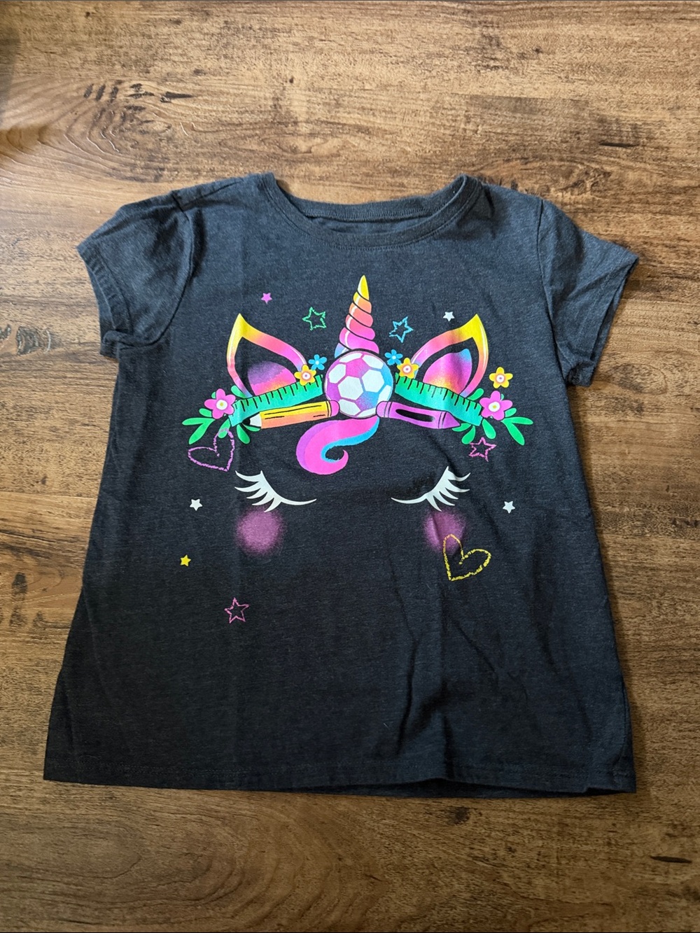Girls' Black Unicorn Graphic Tee - Colorful Neon Print size medium